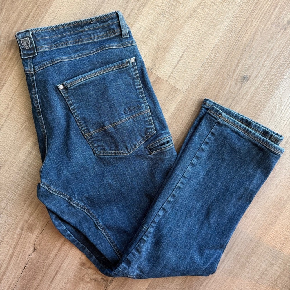 Kuhl Rydr Jeans Mens 38x30 Blue Denim Stretch Articulated Knee Outdoor Pants